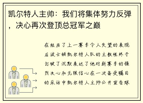 凯尔特人主帅：我们将集体努力反弹，决心再次登顶总冠军之巅
